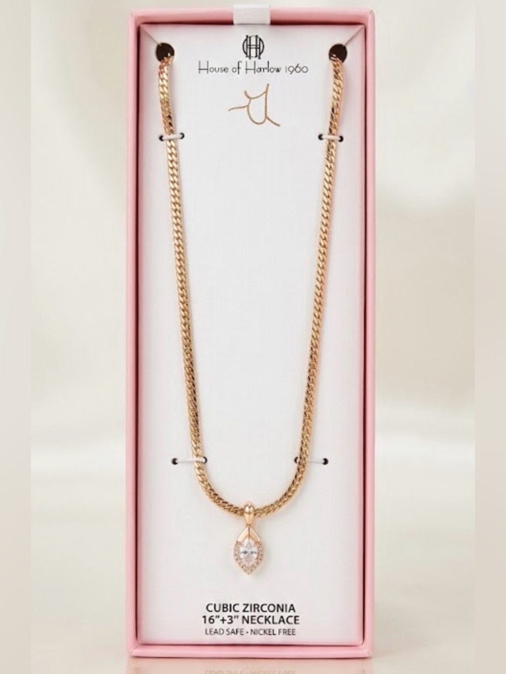 House of Harlow 1960 Gold Marquise Diamond Drop Bezel Pendant Necklace